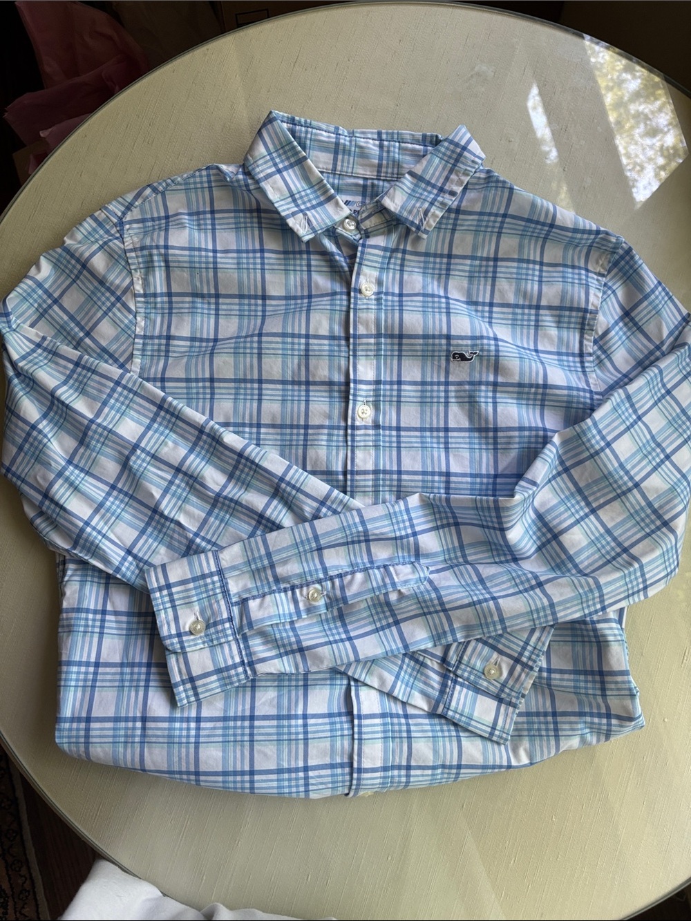 Vineyard Vines boys sz L Light Blue and White Plaid Button-Down Shirt